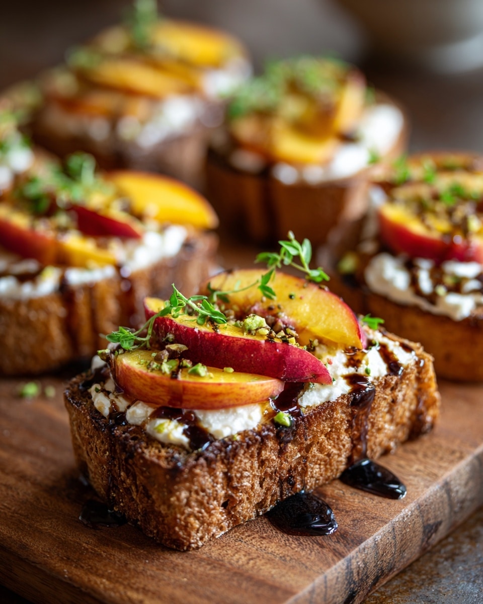 The image shows several pieces of thick, toasted golden bread topped with a thick layer of white creamy cheese. On top of the cheese, there are thin slices of yellow and red peach arranged neatly. Small green chopped nuts are sprinkled over the peaches, and a dark syrup is drizzled over the top, some dripping down the sides of the toast. The toast pieces are placed closely together on a wooden board. Photo taken with an iphone --ar 4:5 --v 7