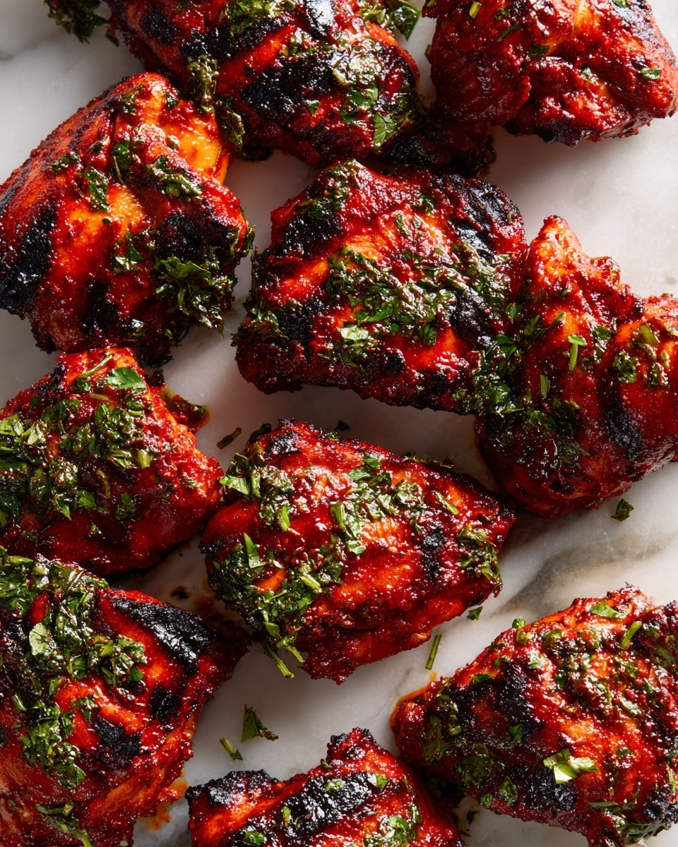 A close-up view of several grilled chicken pieces stacked on a white marbled surface, showing a charred, reddish-brown outer layer with visible grill marks and glistening juices. The chicken is covered in green chopped herbs and red spices, giving a textured look from the seasoning and slight crispiness from the grilling. The focus is tight on the food, highlighting its moist, tender inside and the caramelized skin. photo taken with an iphone --ar 4:5 --v 7