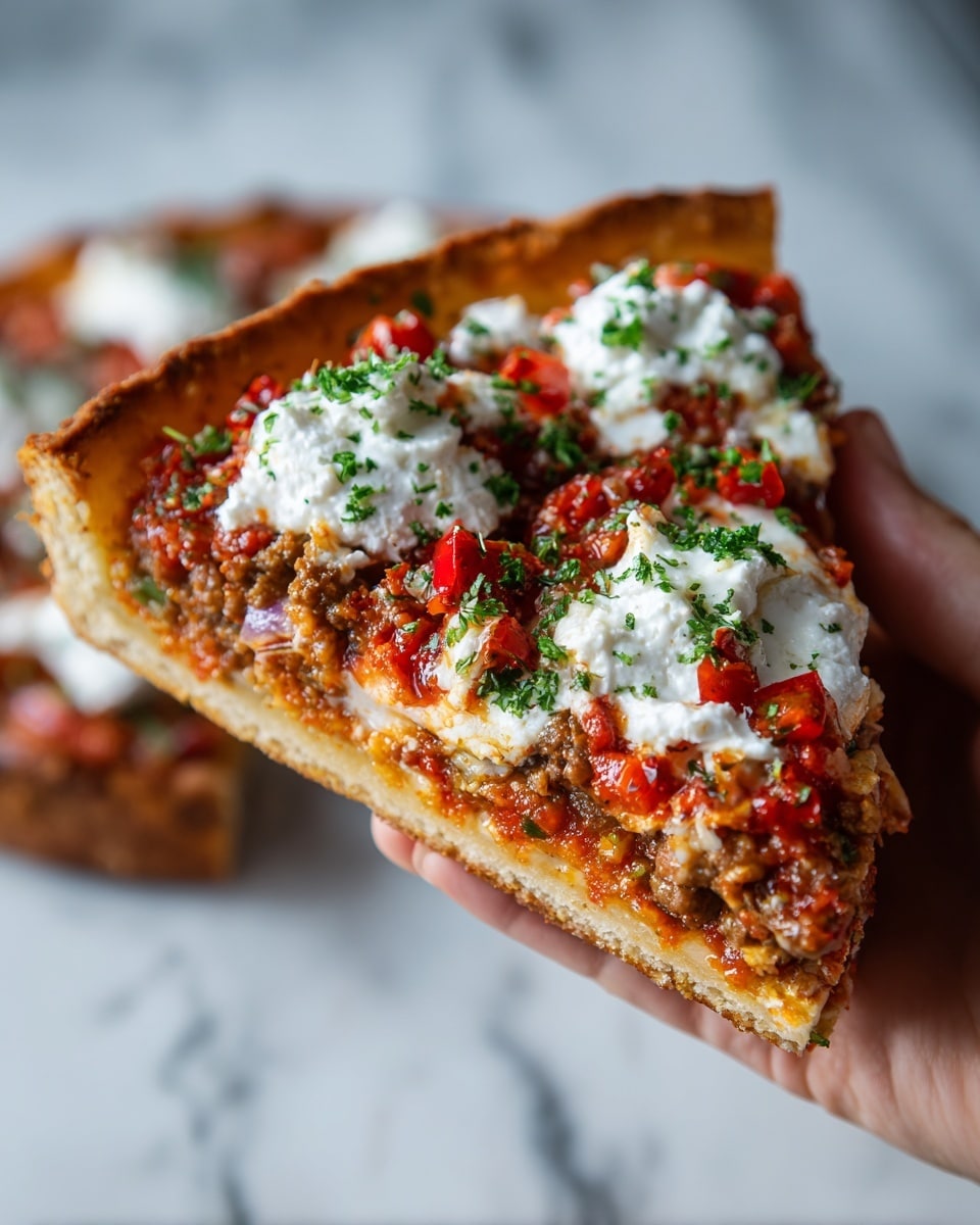 A close-up view of a pizza on a white marbled surface, showing three visible slices. The crust is golden brown and slightly thick. The first layer above the crust is a rich red tomato sauce, covered by a layer of cooked ground meat that looks dark brown and crumbly. There are dollops of white cream or cheese spread evenly on top, with thin green fresh herbs sprinkled over everything. The pizza looks warm and freshly baked, with some steam slightly visible. Photo taken with an iphone --ar 4:5 --v 7
