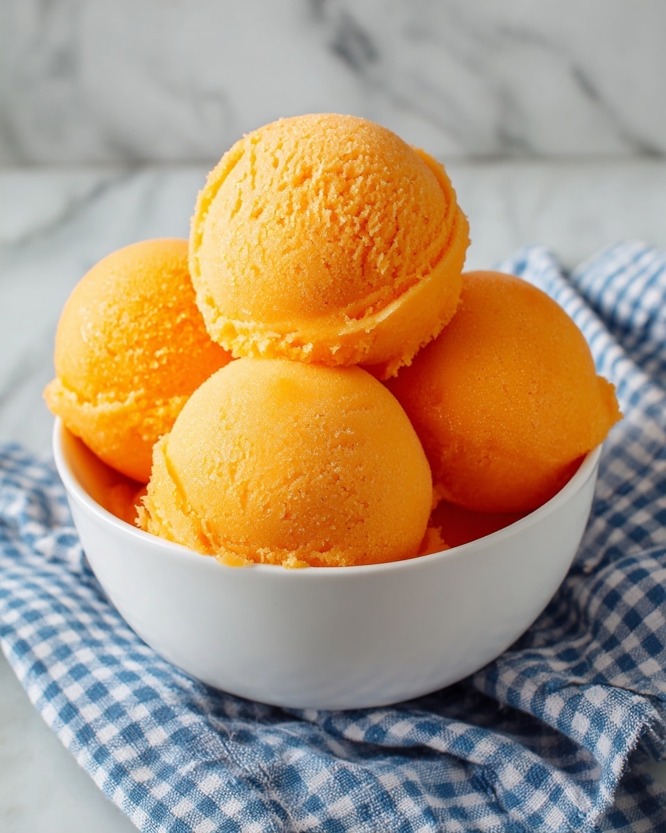 A white bowl filled with three smooth, round scoops of light orange ice cream. The ice cream has a soft texture with slight ridges from scooping, placed closely together in the bowl. The bowl sits on a white marbled surface with a blue and white checkered cloth partially visible beneath it. photo taken with an iphone --ar 4:5 --v 7