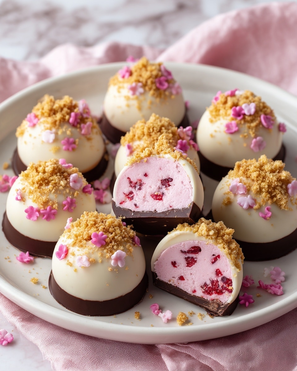 A white plate holds ten round chocolate shells filled with pink creamy filling that has small red fruit pieces inside. The chocolate shells are dark brown and smooth, forming the base and sides of each piece. Each chocolate ball is topped with a layer of crumbled golden biscuit, small pink and yellow round sprinkles, and tiny white and pink flower-shaped decorations. Two of the chocolate balls are cut open, showing the creamy, slightly textured pink filling inside with scattered red bits. The plate sits on a soft pink fabric over a white marbled surface. photo taken with an iphone --ar 4:5 --v 7