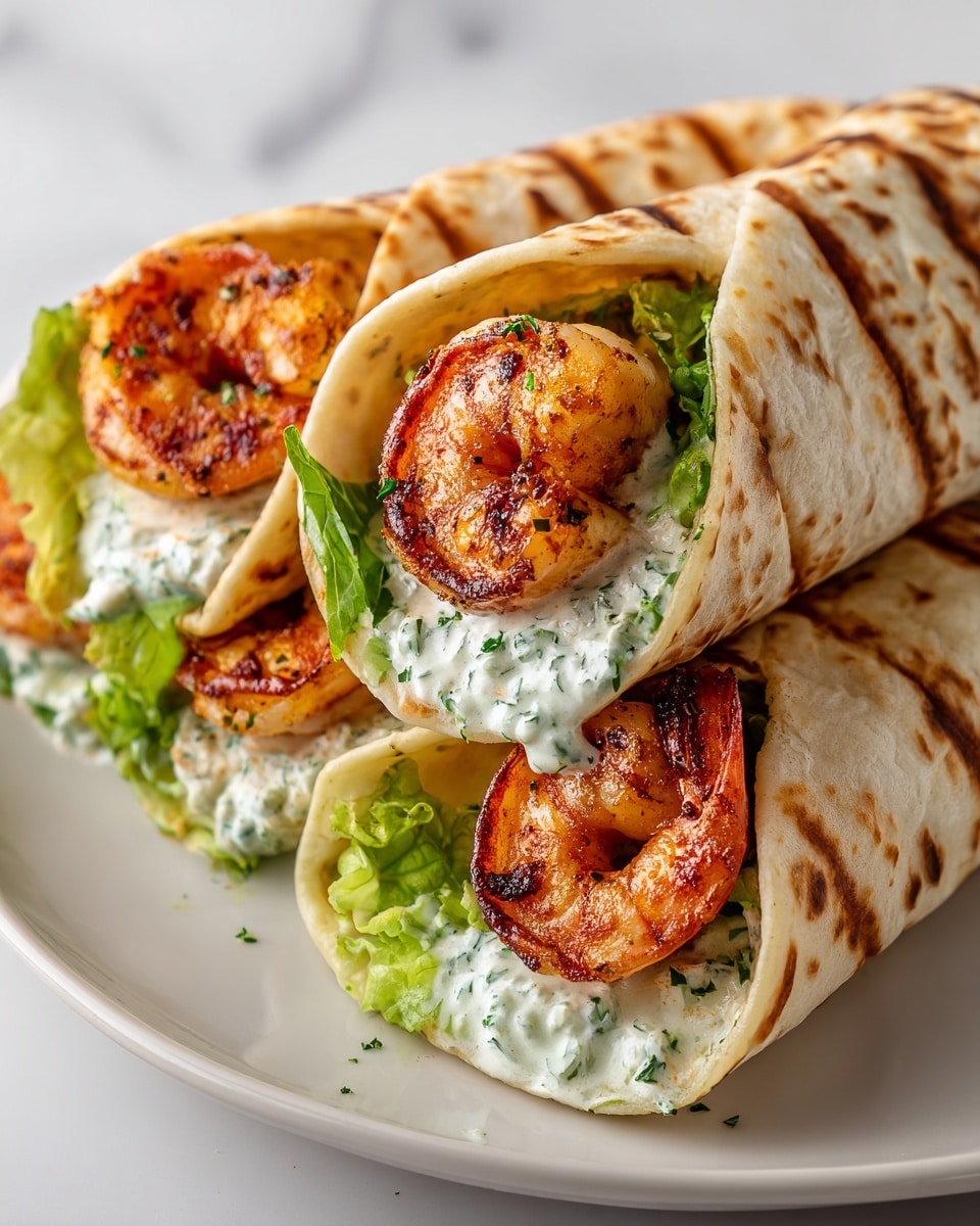 Three shrimp wraps stacked closely on a white plate, each wrap made with a light golden toasted tortilla. Inside each wrap, there is a large grilled shrimp with char marks, creamy white sauce with green herbs, and fresh green lettuce leaves. The shrimps are orange with a slightly translucent texture, sitting prominently at the open ends of the wraps. The background is a white marbled surface, bright and clean. Photo taken with an iphone --ar 4:5 --v 7