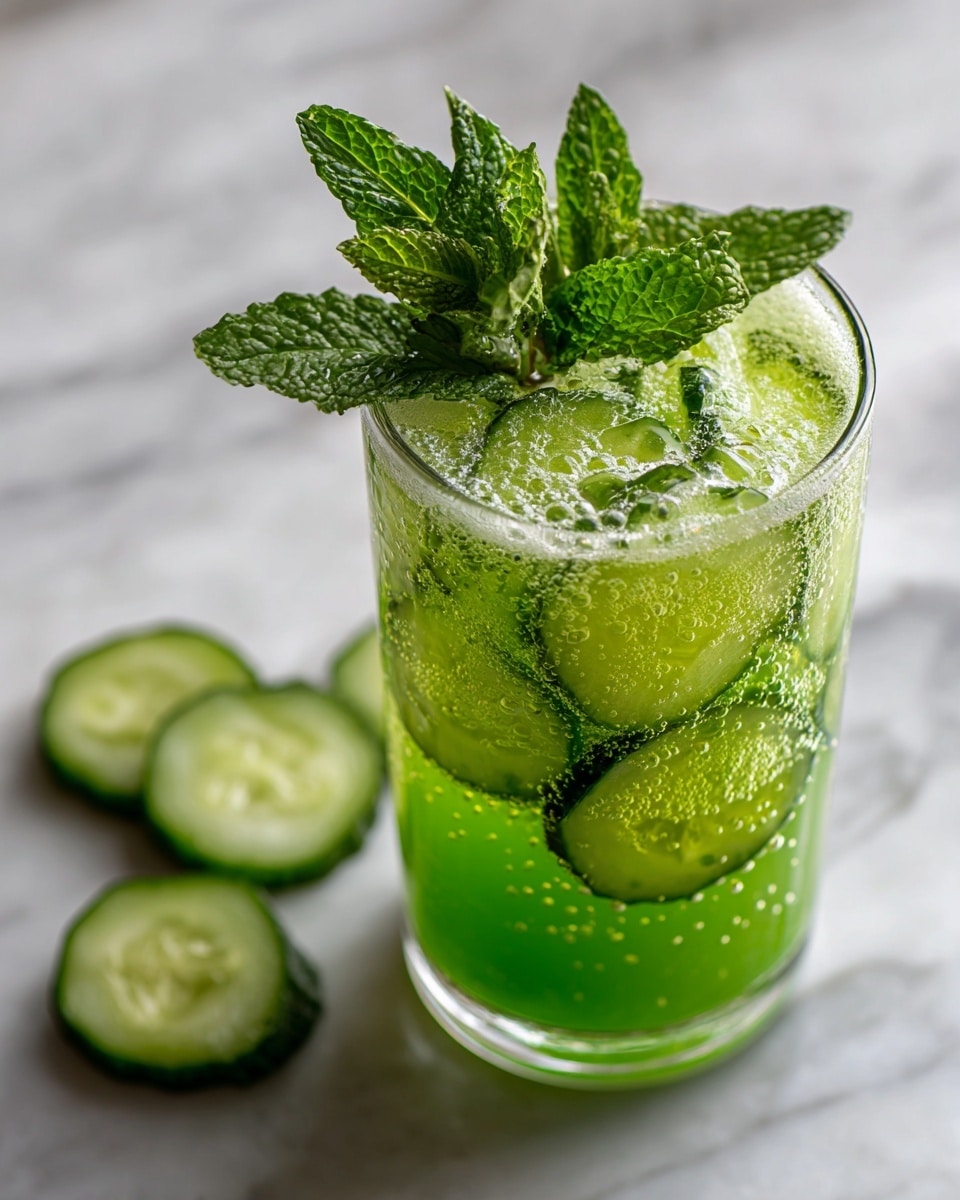 A clear glass filled with a bright green bubbly drink containing several thin, translucent cucumber slices pressed against the inside walls. The drink is topped with a bunch of fresh, green mint leaves that stand upright. The glass sits on a white marbled surface with some cucumber slices next to it. photo taken with an iphone --ar 4:5 --v 7