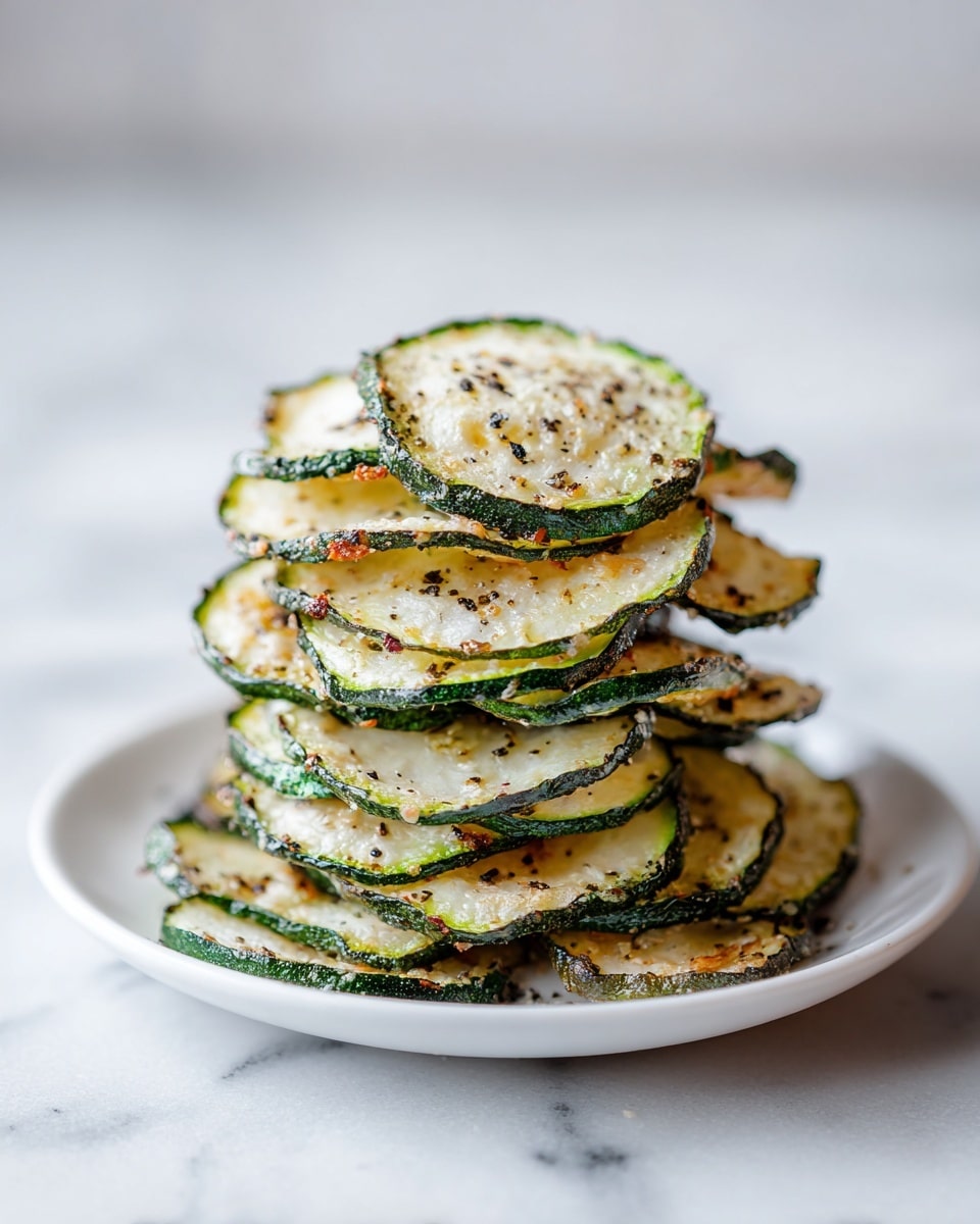 A stack of thin, round zucchini chips with green edges and lightly browned, crispy surfaces is piled high on a white plate. The chips vary slightly in size and show a mix of pale green and off-white colors in the center with a glistening texture, dusted with small black pepper flakes. The plate sits on a white marbled surface with a soft, blurred background. photo taken with an iphone --ar 4:5 --v 7