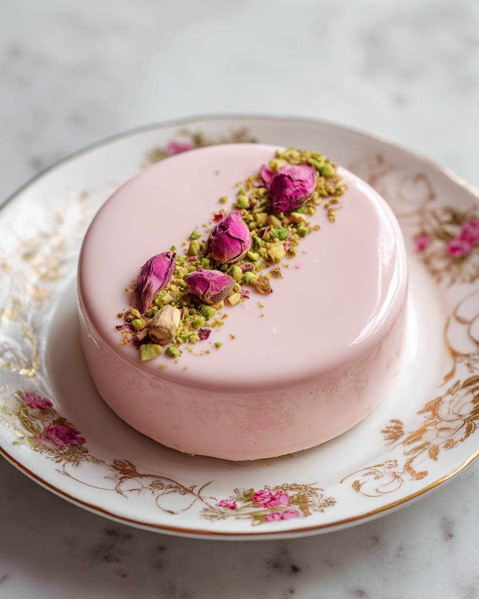 An oval pink mousse dessert sits on a white plate with gold trim, placed on a white marbled surface. The mousse has a smooth, creamy texture and is decorated on top with a strip of crushed green pistachios and small dried pink rose petals in the center. The dessert looks light and airy, with its pale pink color contrasting nicely with the green and pink toppings. Photo taken with an iphone --ar 4:5 --v 7
