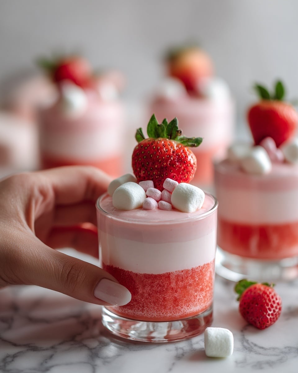 A clear glass holds a dessert with three visible layers. The bottom layer is a bright red, textured mix that looks like crushed strawberries or strawberry sauce. Above this is a smooth, pale pink cream layer, topped with a few small white marshmallows and a fresh whole strawberry with green leaves. In the background, several similar glasses are filled with the same dessert, all placed on a white marbled surface. The lighting is soft, highlighting the colors and textures clearly. photo taken with an iphone --ar 4:5 --v 7