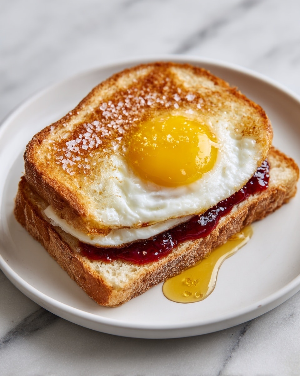 A toasted sandwich on a white plate with a lightly browned crust and a sprinkle of coarse salt on the top slice. Inside, the sandwich has three layers: a crisp white fried egg with a bright yellow yolk in the center, surrounded by a deep red, glossy jam, and drizzled with golden honey that pools slightly on the plate. The toast shows texture with golden-brown edges and a rustic crumb. The dish is placed on a white marbled texture surface. Photo taken with an iphone --ar 4:5 --v 7
