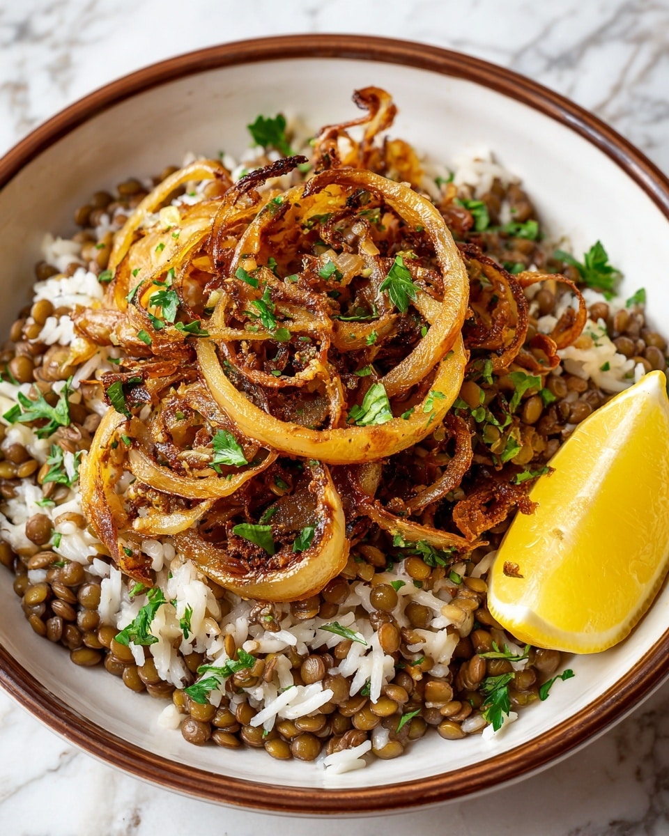 A close-up bowl filled with cooked white rice mixed with brown lentils forming the base layer, topped with a layer of dark golden, crispy fried onions that have some transparent parts and curled edges, sprinkled with fresh chopped green parsley scattered unevenly on top, and a bright yellow lemon wedge placed on the right side of the bowl’s edge; the bowl is white with a subtle speckled brown rim, all set against a white marbled texture. photo taken with an iphone --ar 4:5 --v 7