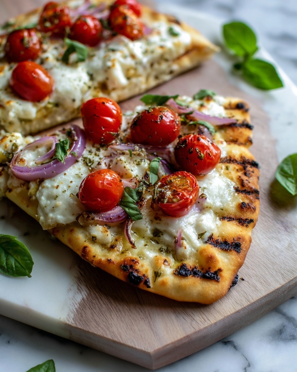 The image shows two pieces of flatbread topped with multiple layers. The base is a golden-brown flatbread with grilled marks, with white melted cheese spread unevenly on top. There are red cherry tomatoes, some whole and some slightly roasted, scattered over the cheese. Thin slices of purple onion are layered next, along with small green basil leaves placed around. The flatbreads are placed on a wooden board with a white marbled surface in the background. Photo taken with an iphone --ar 4:5 --v 7