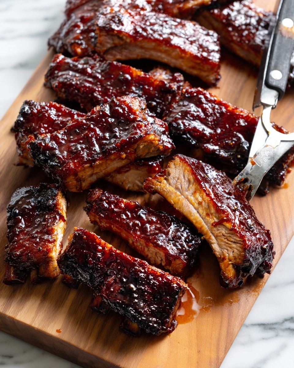 A wooden board is filled with many pieces of barbecued ribs, some cut into smaller chunks showing tender white meat inside with a dark crispy edge, and others still as full ribs with a dark, shiny, sticky glaze on the surface. The ribs vary in size and length, stacked closely together, and the glaze gives a rich reddish-brown color with a charred black crust on some parts. Metal tongs hold one rib piece, adding a slight metallic silver shine to the scene, all placed on a white marbled texture. photo taken with an iphone --ar 4:5 --v 7