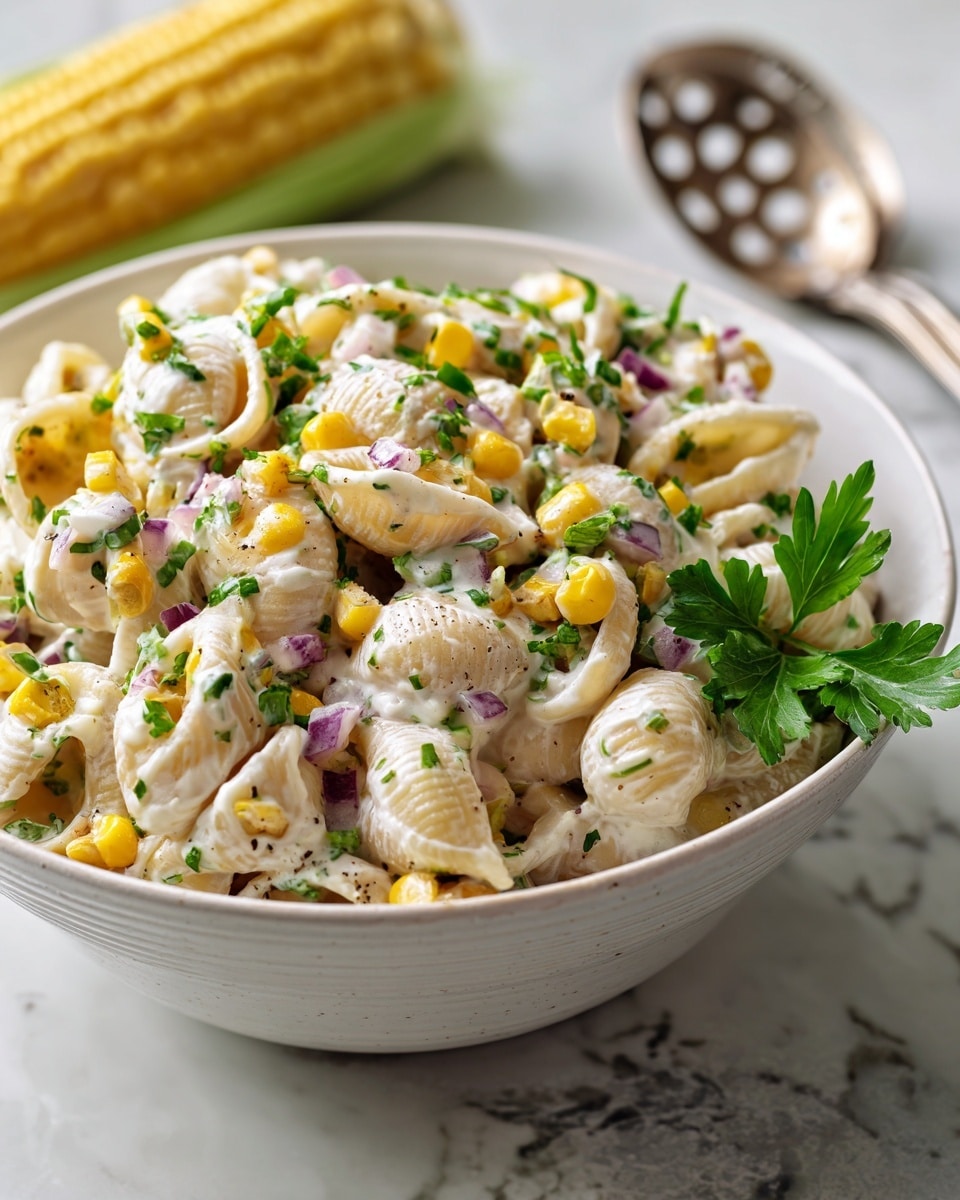 A close-up of a white bowl filled with creamy pasta salad, showing three main layers: small shell pasta coated in a thick white dressing, bits of yellow corn kernels scattered throughout, and finely chopped green herbs sprinkled on top. The textures include the smooth sauce, soft pasta, and tiny chopped onions adding specks of purple. A green parsley leaf decorates one side of the bowl, with a blurred ear of corn in the white marbled background. A silver serving spoon with cut-out patterns rests nearby. photo taken with an iphone --ar 4:5 --v 7