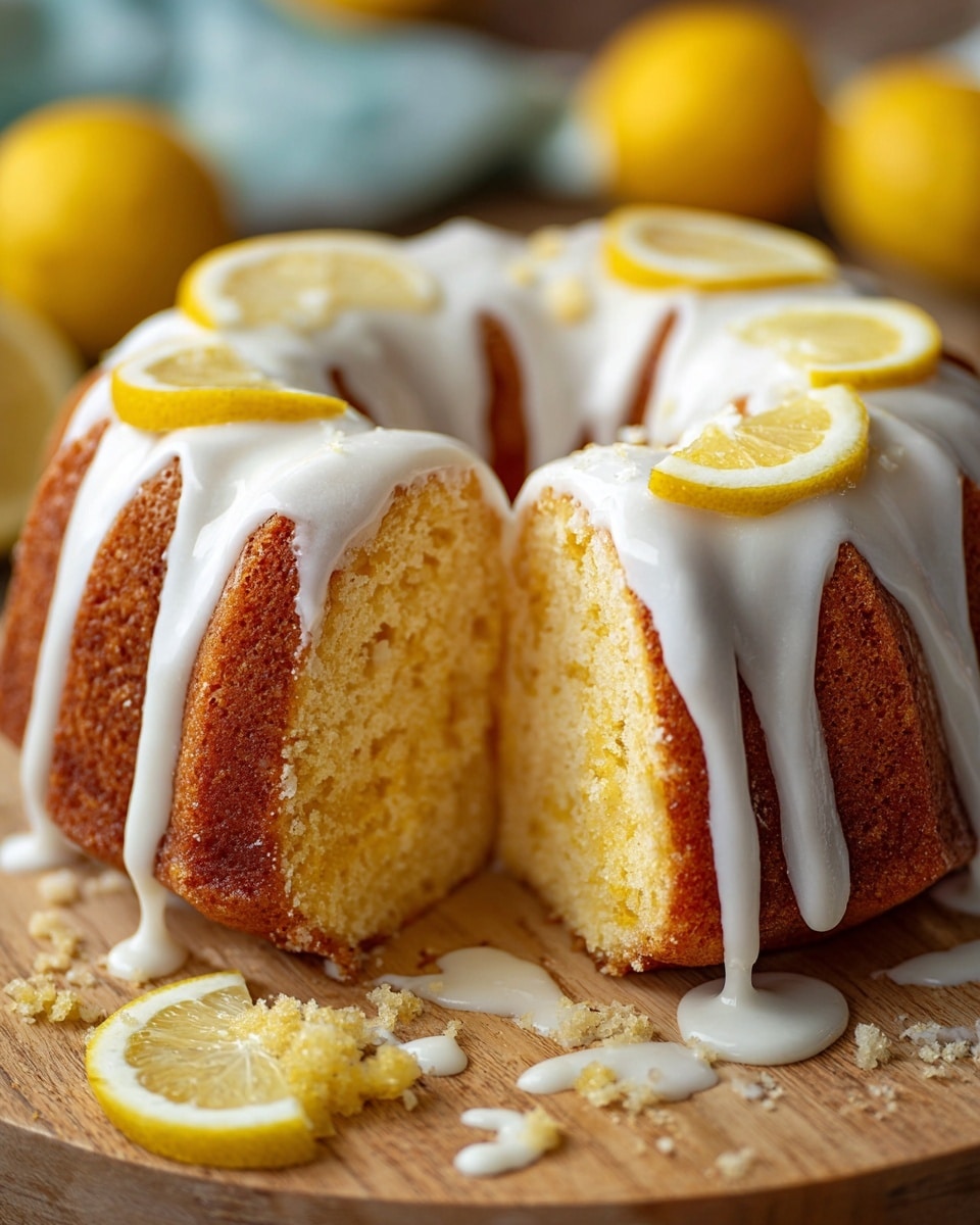 The image shows a close-up of a sliced lemon bundt cake with a thick white glaze draped over the top, dripping down the creamy yellow textured cake. The cake sits on a light wooden surface with pools of glaze surrounding it, and the background is softly blurred with hints of bright yellow lemons. The cake's crumb looks moist and soft with tiny air holes. The overall scene is warm and inviting with a fresh, citrusy feel. photo taken with an iphone --ar 4:5 --v 7