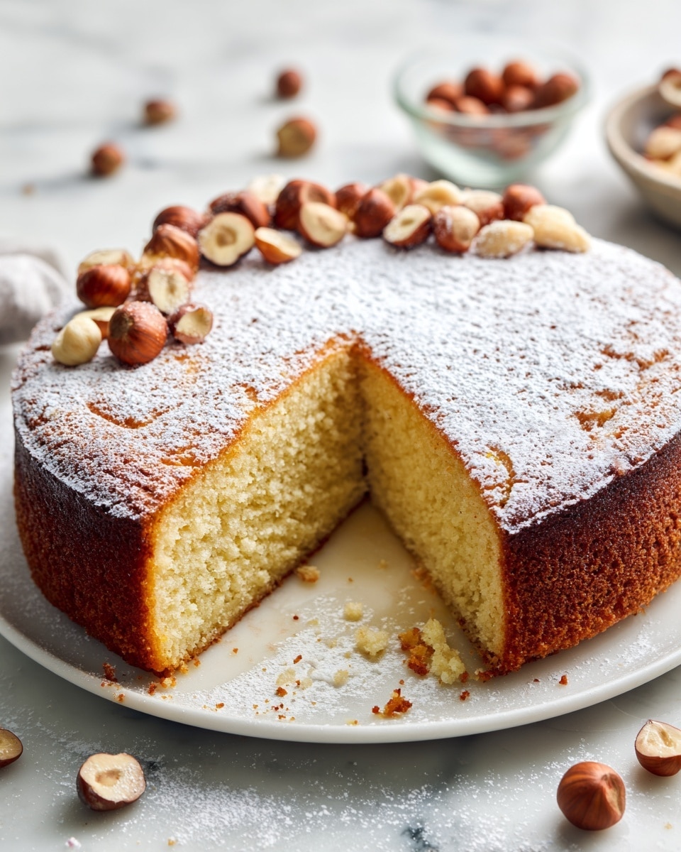 A round, thick cake with a golden-brown crust and a soft, light yellow inside is shown with one slice cut out and slightly pulled away. The top layer is dusted with white powdered sugar and decorated with whole and chopped hazelnuts around the edge. The cake sits on a white plate on a white marbled surface, with some whole hazelnuts scattered nearby and blurred small glass bowls of hazelnuts in the background. The photo is close up, showing the crumbly texture of the cake and the smooth, light coating on its top. Photo taken with an iphone --ar 4:5 --v 7