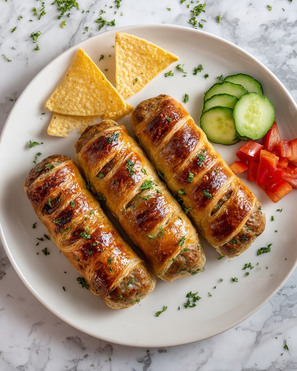 The image shows three golden-brown sausage rolls, each wrapped with a flaky pastry layer spiraled evenly along the length of the sausages, with a shiny glaze and small green herb bits sprinkled on top. To the upper left of the white plate, there are a few light yellow triangular tortilla chips resting, and to the upper right, bright green cucumber slices and small chunks of red pepper grouped together. The entire scene is set on a white marbled surface with hints of finely chopped herbs scattered around the plate's edges. Photo taken with an iphone --ar 4:5 --v 7