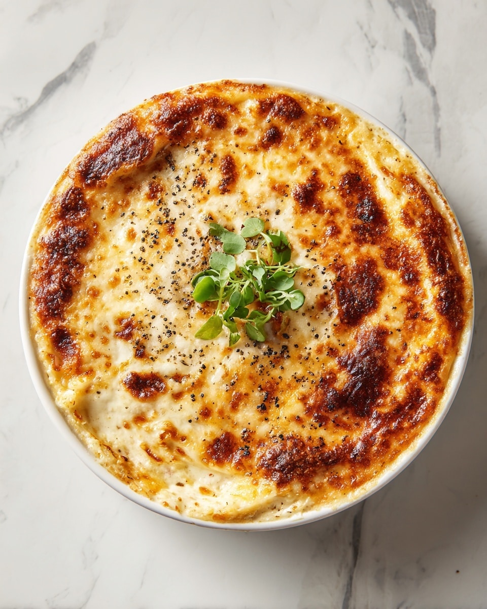 A white round ceramic dish filled with a baked layered dish showing a golden brown, slightly crispy top with uneven patches of darker, almost burnt cheese edges. The top layer is thin and bubbly, sprinkled lightly with black pepper, and garnished with a small sprig of fresh green herbs placed right in the center. The dish rests on a white marbled surface. Photo taken with an iphone --ar 4:5 --v 7