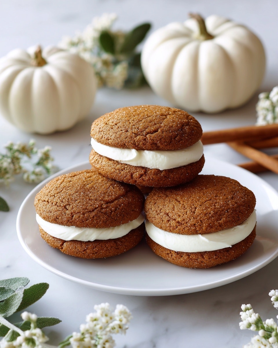 Three soft sandwich cookies with a light brown color sit on a round white plate. Each cookie has a smooth, creamy white filling layer in the middle, visible through the slightly round edges. The plate rests on a white marbled surface. In the background, there are two small pale pumpkins, cinnamon sticks, and small white flowers, adding a cozy and natural feel. Photo taken with an iphone --ar 4:5 --v 7