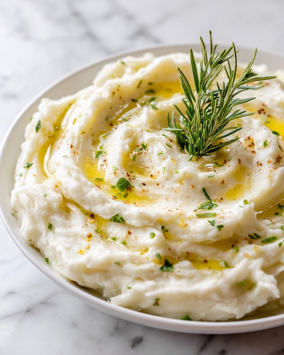 A close-up view of a creamy mashed potato dish served on a white plate, showing about three layers of smooth, whipped texture with small lumps. The mashed potatoes are white with light swirls of melted butter giving a yellow shine on top. There are small bits of green herbs sprinkled evenly across the dish, and a sprig of fresh rosemary placed upright near the center for decoration. The background is a white marbled texture. Photo taken with an iphone --ar 4:5 --v 7