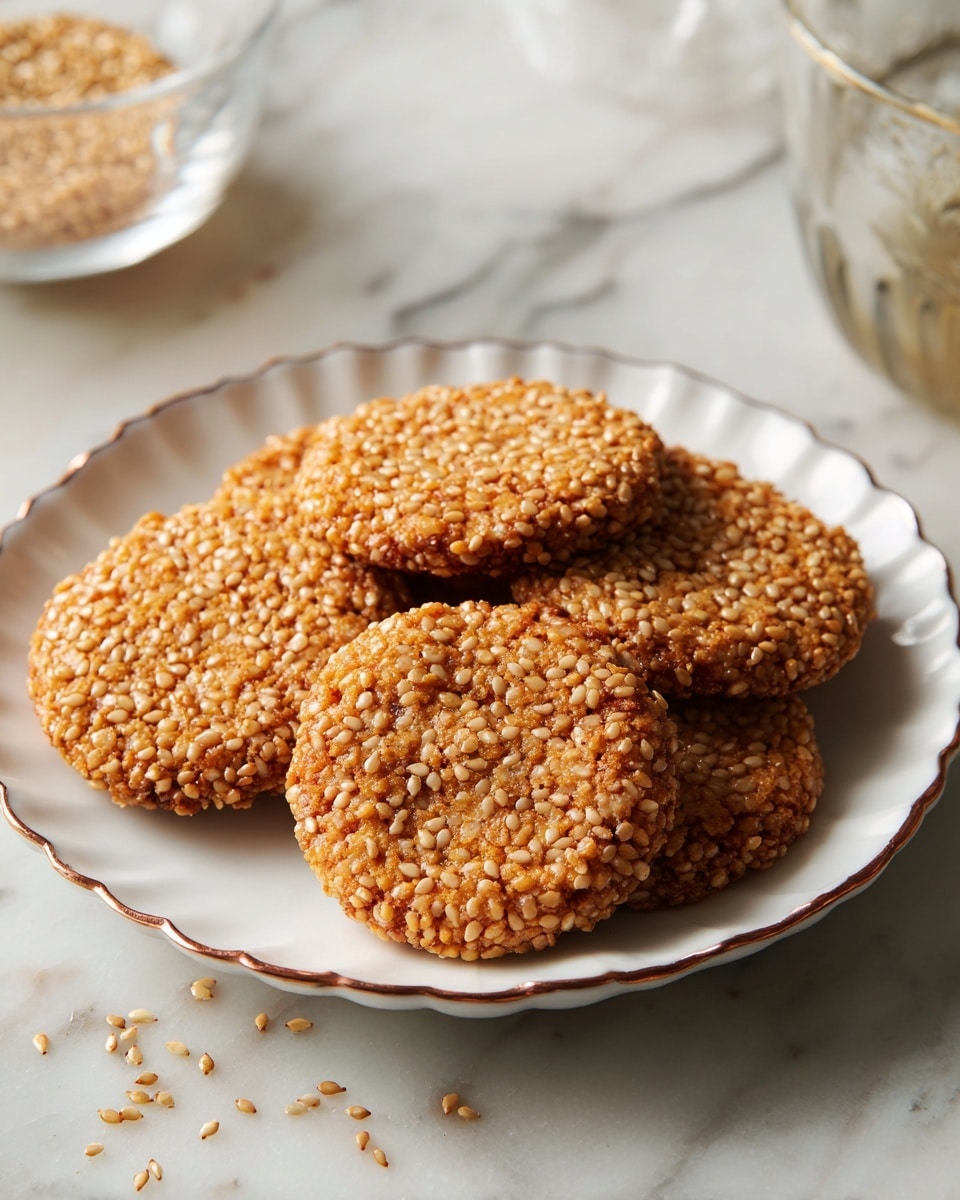 A white plate with a brown scalloped rim holds five round cookies covered in many small, toasted sesame seeds. The cookies have a golden-brown color, with a slightly rough texture beneath the seeds, and some loose sesame seeds scattered on the plate. The scene shows a close-up view on a white marbled surface, with a glass cup partially visible in the background. photo taken with an iphone --ar 4:5 --v 7
