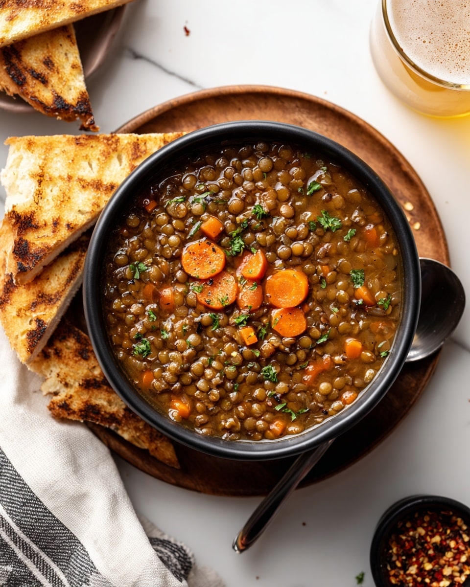 A close-up image of a black bowl filled with thick lentil soup, showing two main layers: the bottom layer is a brown broth with dense lentils throughout, and the top layer is scattered slices of bright orange carrots and small green parsley leaves, adding pops of color and texture. The soup looks hearty with soft lentils and tender carrots in a slightly glossy, rich liquid. The bowl rests on a round wooden plate, placed on a white marbled surface with a striped cloth napkin nearby. To the left, there are triangular toasted bread slices with grill marks, and on the right, part of a glass of beer is visible along with a small black bowl containing crushed red pepper flakes. A spoon is partially dipped into the soup from the right side. photo taken with an iphone --ar 4:5 --v 7
