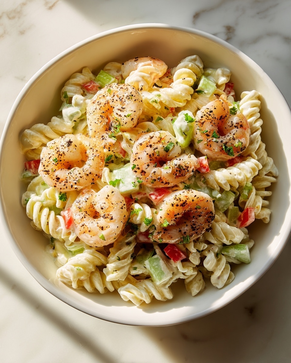 A white bowl filled with creamy pasta salad, with layers of spiral-shaped white pasta as the base, mixed with small bits of green celery and red bell pepper. On top, there are several pink shrimp arranged evenly, speckled with black pepper and chopped green herbs scattered throughout. The shrimp have a glossy texture with some slight char marks. The dish is creamy and looks fresh and vibrant. The bowl sits on a surface with a white marbled texture in soft, natural light. photo taken with an iphone --ar 4:5 --v 7