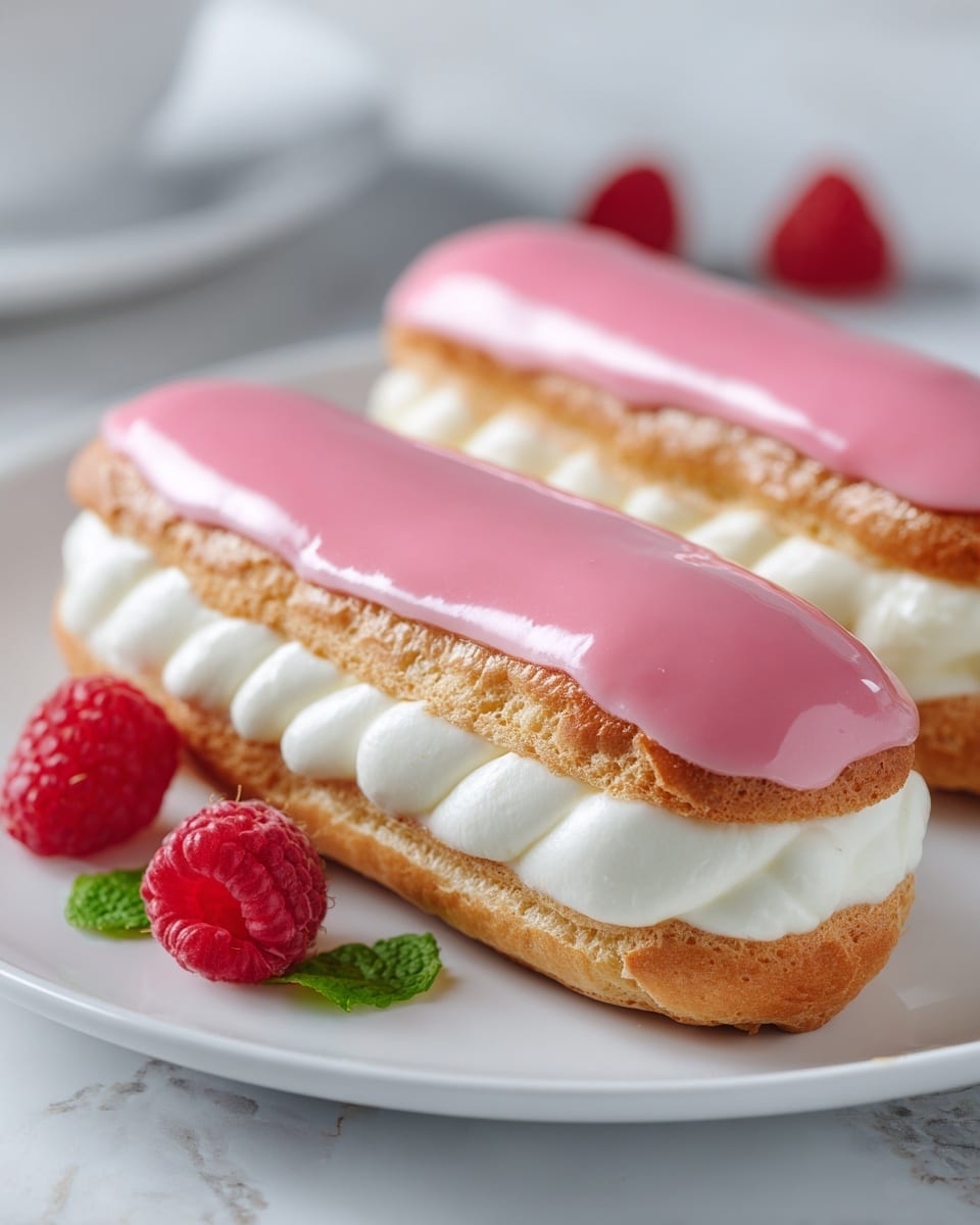 Two long éclairs are placed on a white plate with a white marbled texture below it. Each éclair has three layers: a golden-brown choux pastry base, a thick layer of white cream piped with a smooth, swirled texture in the middle, and a shiny pink glaze on top that covers the entire top half. Around the éclairs, there are a few fresh red raspberries and a small green mint leaf adding color contrast. The image is focused close-up, showing details on the éclair texture and glaze. photo taken with an iphone --ar 4:5 --v 7