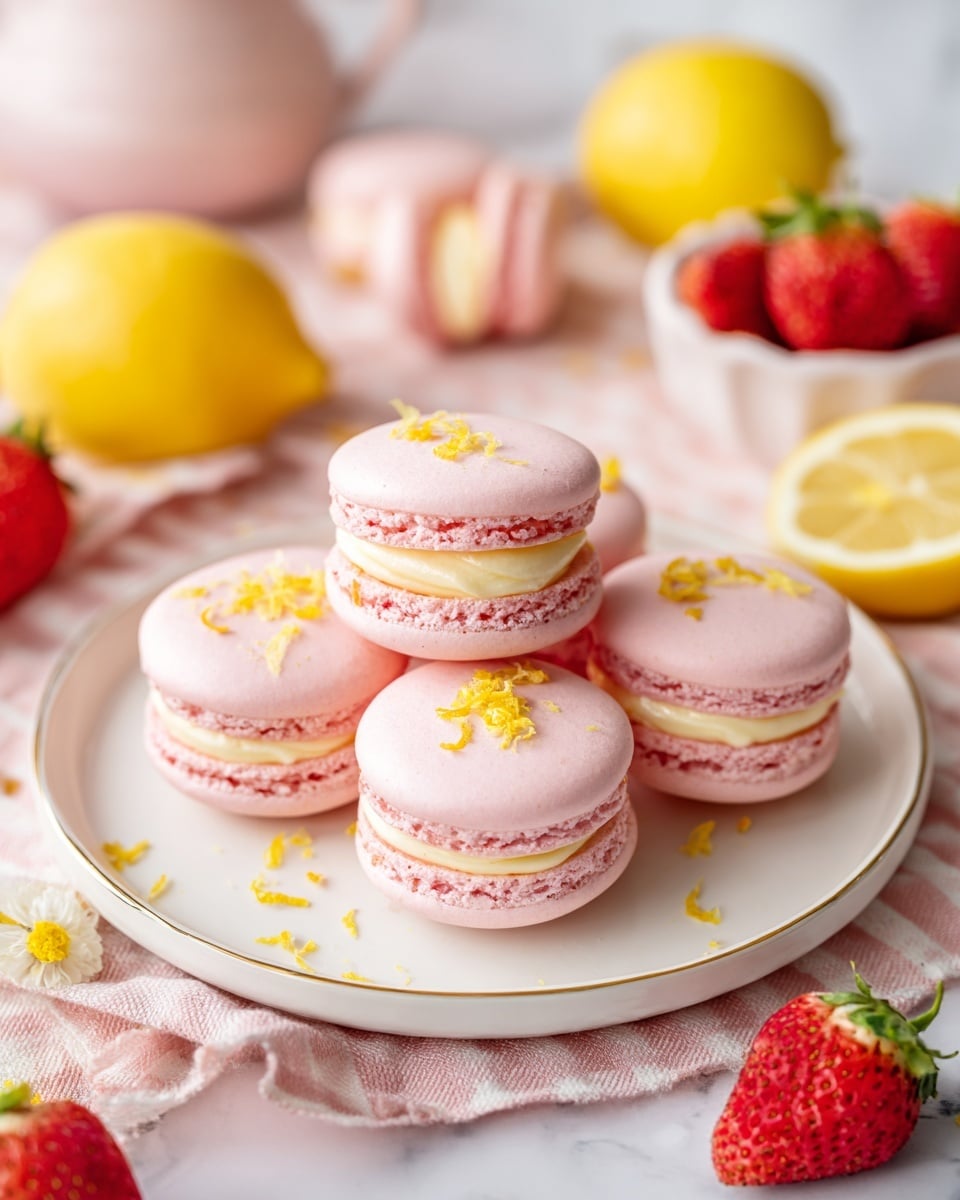 Five light pink macarons sit on a white round plate, each with two smooth pastel pink shells enclosing a thick layer of pale yellow cream filling. Small yellow lemon zest pieces are scattered on top of some macarons and around the plate. The plate rests on a soft pink tablecloth with a white checked pattern. Surrounding the plate are whole and halved fresh strawberries, and whole bright yellow lemons on small white dishes, all placed on the white marbled surface. The image is bright and colorful, showing a fresh and sweet dessert scene. photo taken with an iphone --ar 4:5 --v 7