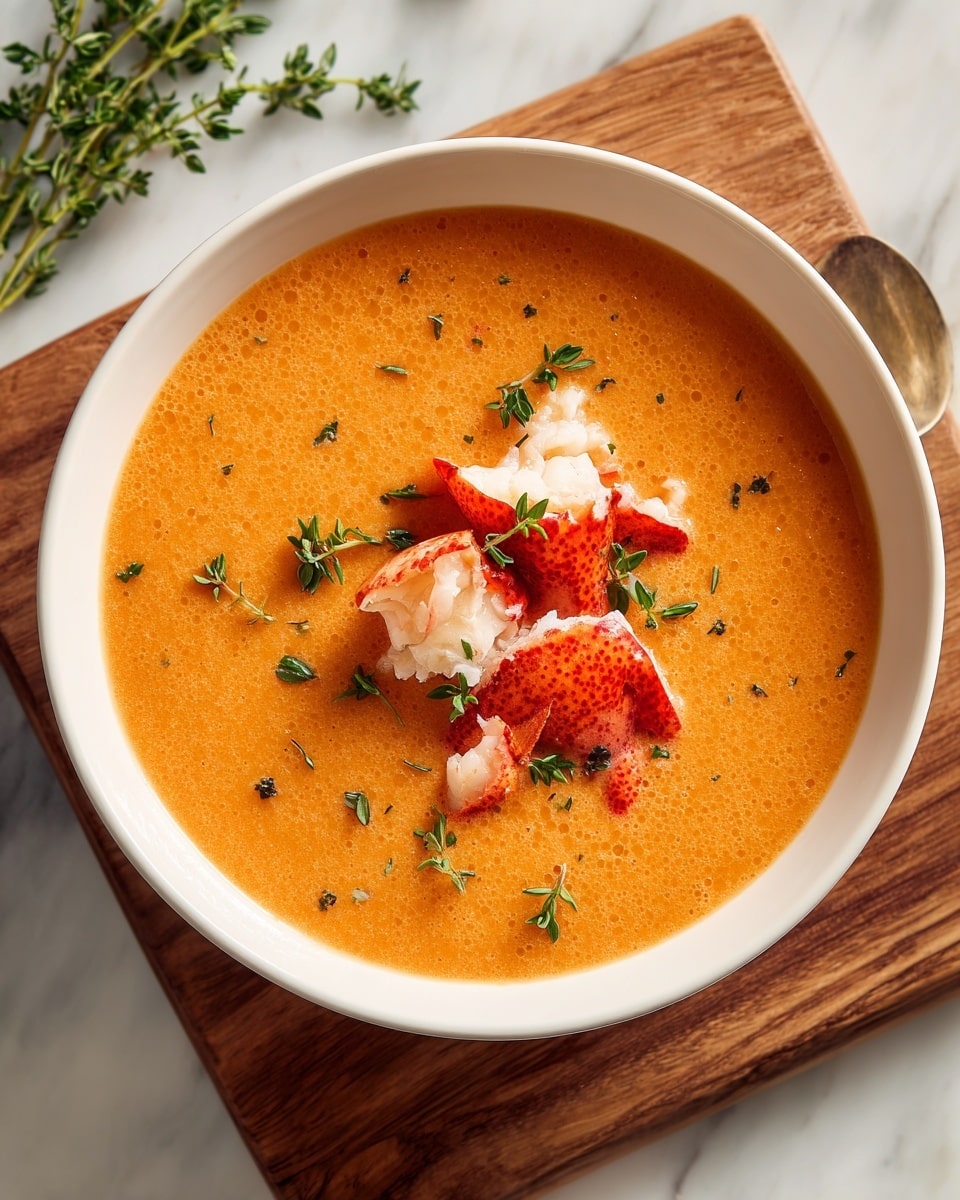A white bowl filled with smooth, creamy orange soup that has a soft texture and a few small herb flecks mixed in. On top, there are pieces of white lobster meat with bright red shells scattered over the surface. Fresh green thyme sprigs and tiny thyme leaves are placed delicately on the soup as garnish. The bowl sits on a wooden board, all set against a white marbled background with some green herbs visible near the top left corner. photo taken with an iphone --ar 4:5 --v 7