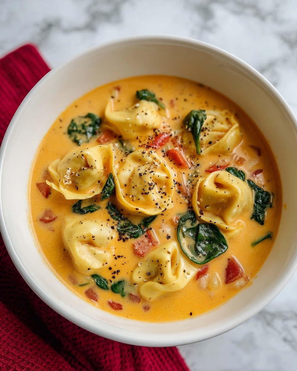 A white bowl filled with a creamy orange soup that has seven pieces of tortellini pasta floating on top. The tortellini are pale yellow and have smooth, folded edges. Mixed in the soup are small green spinach leaves and red tomato chunks, with some white onion bits scattered around. The surface of the soup is sprinkled with ground black pepper, creating small dark spots. The bowl is set on a white marbled texture with a red cloth nearby. Photo taken with an iphone --ar 4:5 --v 7