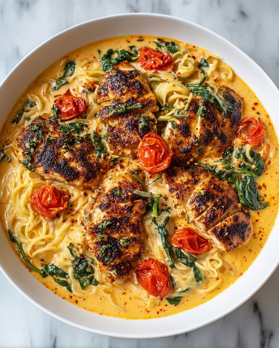 The dish shows a white bowl filled with creamy light orange sauce as the base layer, smooth and thick in texture. On top, there are pale yellow cooked noodles partially mixed in the sauce, spread evenly around the bowl. Four golden brown chicken breasts, cooked with slight char marks and sprinkled with red spices and herbs, are placed on top of the noodles and sauce, evenly spaced. Interspersed among the chicken pieces are bright green spinach leaves and vibrant roasted red tomato halves, adding color contrast. The whole dish is rich and glossy, set against a white marbled textured surface. photo taken with an iphone --ar 4:5 --v 7