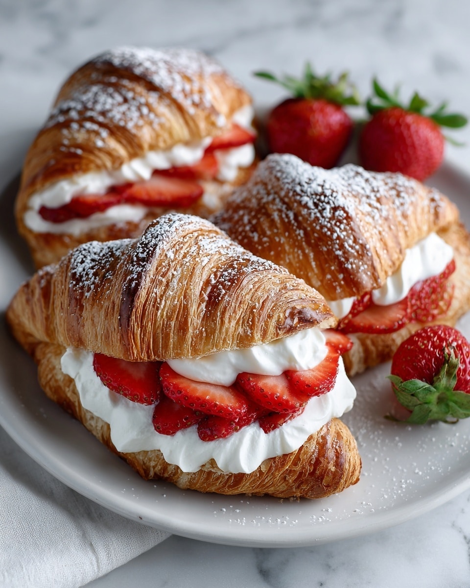 Three croissants with flaky, golden-brown crusts sit on a white plate over a white marbled surface. Each croissant is sliced horizontally to reveal a layer of smooth, white whipped cream topped with bright red, thinly sliced strawberries. The croissants are dusted with white powdered sugar, adding a soft texture on the glossy crusts. Two whole strawberries with green leaves are placed on the plate as garnish, and the image is close-up with soft natural light, highlighting the textures and colors. Photo taken with an iphone --ar 4:5 --v 7