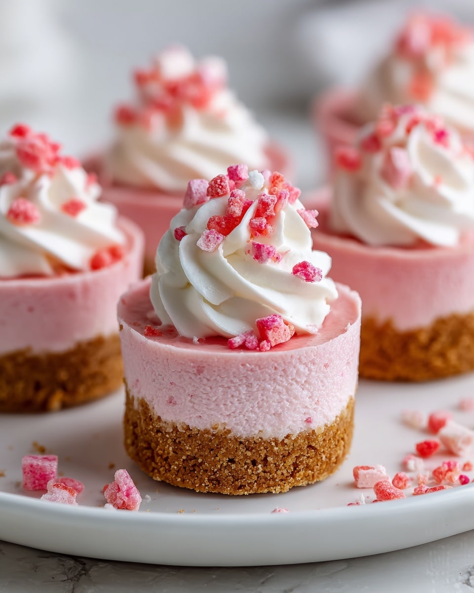 The image shows mini pink cheesecake cups arranged on a white plate over a white marbled surface. Each cheesecake has three clear layers: a light brown crumbly base that looks crunchy, a thick middle layer of smooth pink cheesecake filling, and a swirl of white whipped cream on top. The whipped cream is decorated with small pieces of bright pink crushed candy, adding texture and vibrant color. Small bits of the pink candy are also scattered on the plate around the cheesecakes. The focus is on one cheesecake in the front center, with four others blurred in the background. photo taken with an iphone --ar 4:5 --v 7
