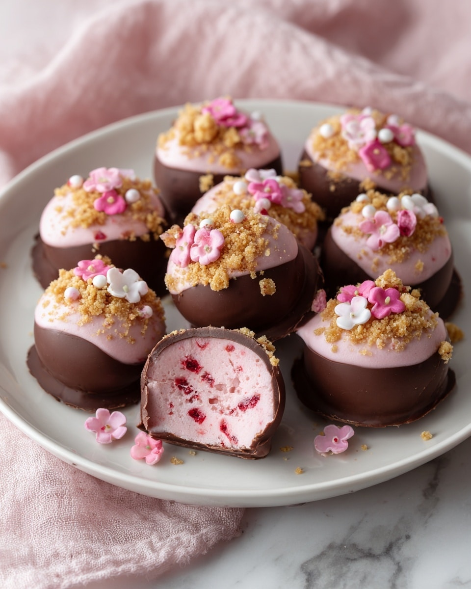 A white plate holds eleven round chocolate shells filled with light pink creamy filling that has small red bits inside. Each chocolate shell is dark brown and smooth, filled to the top with the pink filling, then topped with a crumbly golden layer mixed with small pastel pink and yellow candy balls. Some shells have small white and pink flower-shaped candies on top. Two of the chocolate shells are cut open in front, showing the thick chocolate outer layer and the soft, pink filling inside. The plate rests on a soft pink cloth over a white marbled surface. Photo taken with an iphone --ar 4:5 --v 7