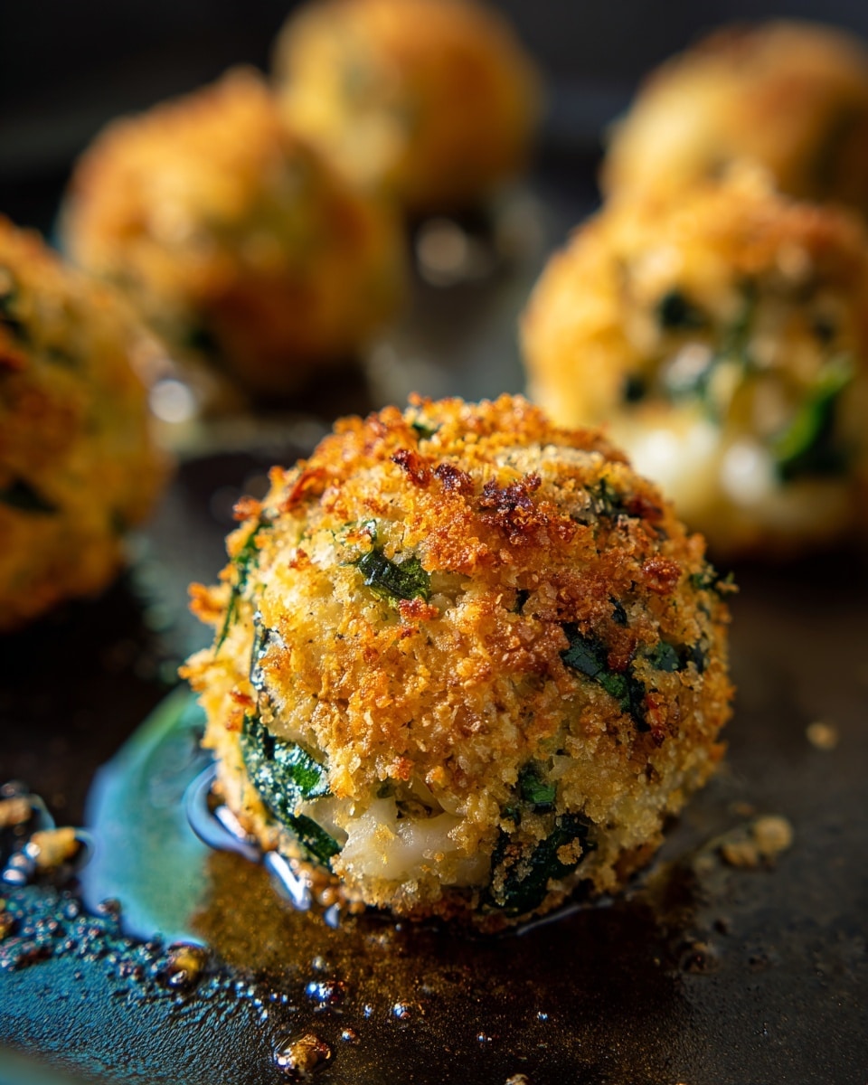 The image shows a close-up of a small, round baked ball with a golden-brown crispy outer layer mixed with green leafy bits embedded throughout. The texture appears crunchy on the outside with a slightly rough surface due to the toasted crumbs. Inside the ball, visible light green and white pieces suggest soft cooked vegetables or cheese. The ball sits on a dark cooking surface with a slight shiny oil halo around its base. In the background, more of these balls are out of focus, arranged spaced apart. The overall look is warm and appetizing with a mix of green and golden tones. photo taken with an iphone --ar 4:5 --v 7