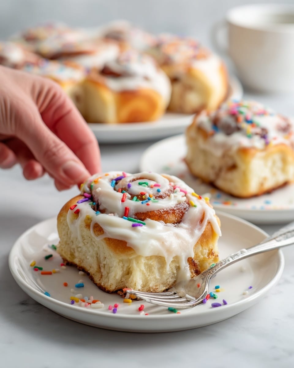 The image shows soft, square cinnamon rolls with thick white icing spread on top, sprinkled with colorful, small round and elongated sprinkles. Each roll has visible swirls of cinnamon in the light golden dough, and the icing looks creamy and slightly glossy. The rolls are placed on white plates, one in the front and others slightly blurred in the back on a white marbled surface. A woman's hand reaches toward one roll in the background, adding a sense of action. Photo taken with an iphone --ar 4:5 --v 7