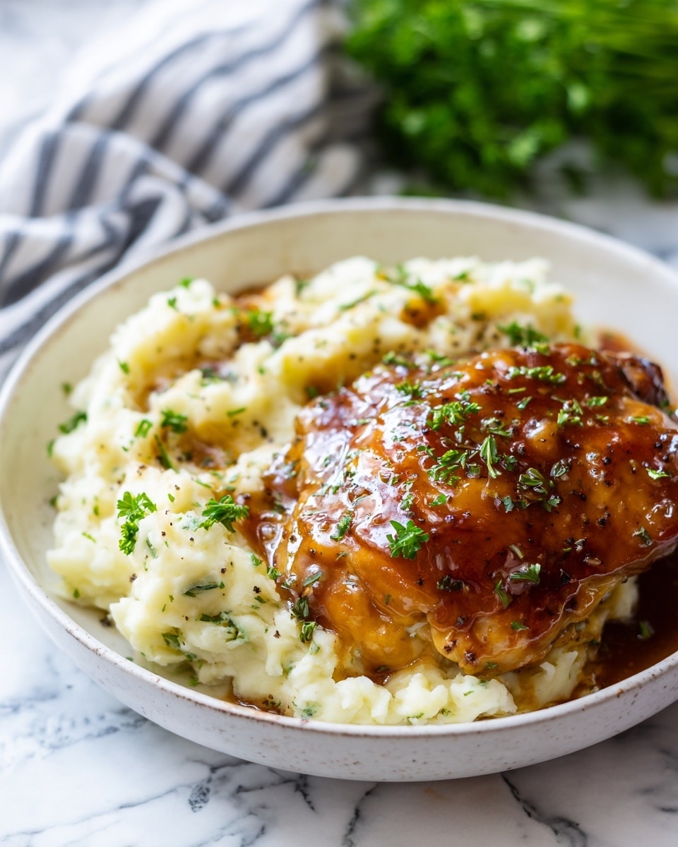 A dish on a white plate features two main layers. The bottom layer is mashed potatoes with a creamy texture, slightly lumpy, and light cream in color with bits of green herbs mixed in and scattered on top. The top layer is a piece of glazed chicken thigh, rich golden brown with a shiny, sticky sauce that has black specks and small green parsley leaves scattered for garnish. The plate rests on a white marbled surface with a soft-focus background showing green herbs and a striped cloth nearby. Photo taken with an iphone --ar 4:5 --v 7