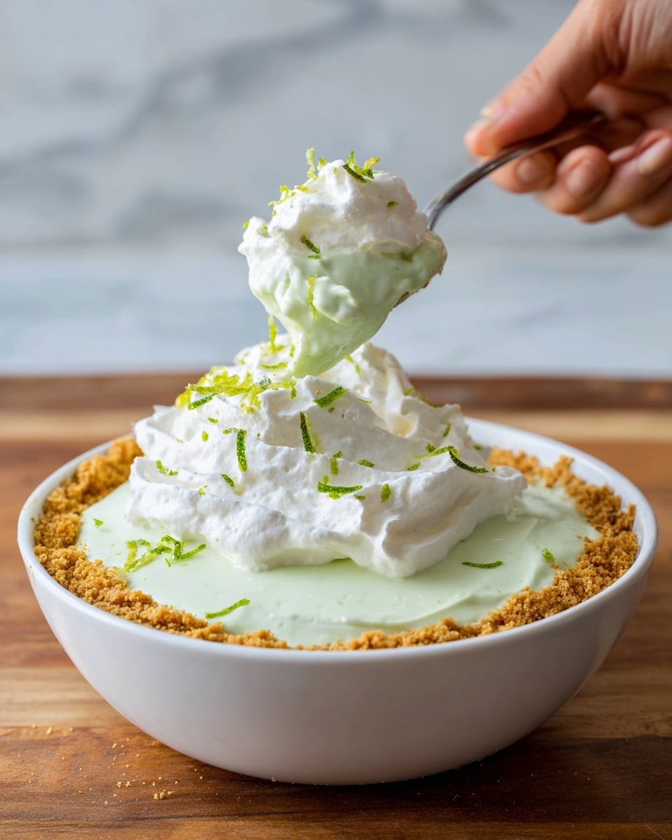 The image shows a white bowl filled with a creamy light green dessert with a crumbly golden brown crust around the edges. On top, a woman's hand is holding a spoonful of the smooth, pale green dessert mixed with fluffy white whipped cream, which is also spread over the top layer. Some bright green lime zest is sprinkled on the whipped cream, adding a fresh touch. The bowl is placed on a wooden surface, but the background has been changed to a white marbled texture. Photo taken with an iphone --ar 4:5 --v 7