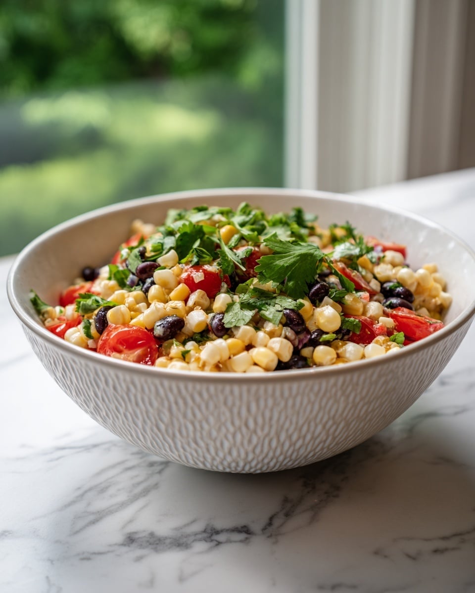 A close-up of a bowl filled with a colorful corn salad showing three main layers: the bottom layer is made of white corn kernels mixed with black beans that add dark specks throughout, the middle layer contains small bright red tomato pieces, and the top layer is sprinkled with fresh green cilantro leaves, all mixed together to create a vibrant look with a light dressing giving a slight shine to the ingredients, the bowl is white with a subtle textured pattern and the scene is set on a white marbled surface with a blurred green background outside a window, photo taken with an iphone --ar 4:5 --v 7