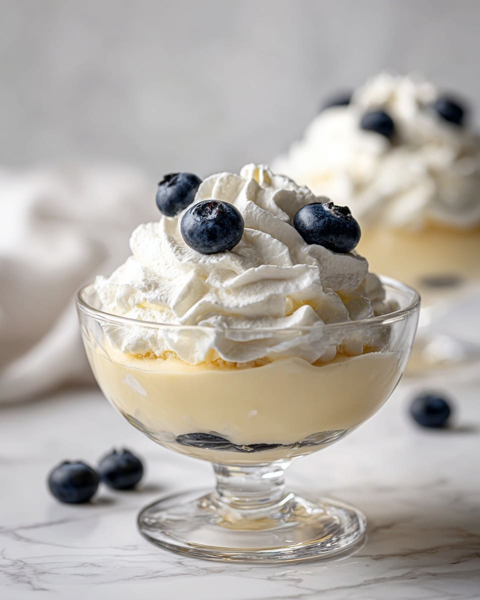The image shows a dessert in a clear glass bowl with three visible layers: a creamy light beige bottom layer, a thick white whipped cream layer on top, and several fresh dark blue blueberries placed on the whipped cream. The whipped cream looks soft and fluffy with gentle swirls. The background is a white marbled texture, and another similar dessert bowl is slightly visible in the back. photo taken with an iphone --ar 4:5 --v 7