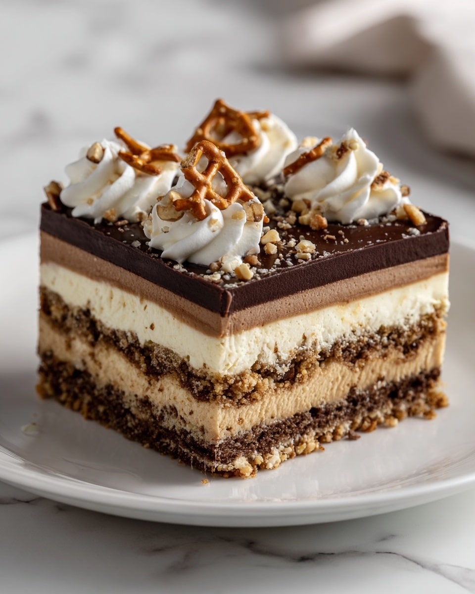 The image shows a square piece of dessert on a white plate, placed on a white marbled surface. The dessert has a thick bottom layer of crushed brown cookie crust, followed by several layers of creamy fillings in light beige and chocolate brown colors. On top, there is a thick, smooth dark chocolate layer with a glossy finish. The top is decorated with dollops of white whipped cream and sprinkled with small pieces of pretzels, adding texture and a crunchy appearance. The dessert looks rich and neatly cut, showing clear layers. Photo taken with an iphone --ar 4:5 --v 7
