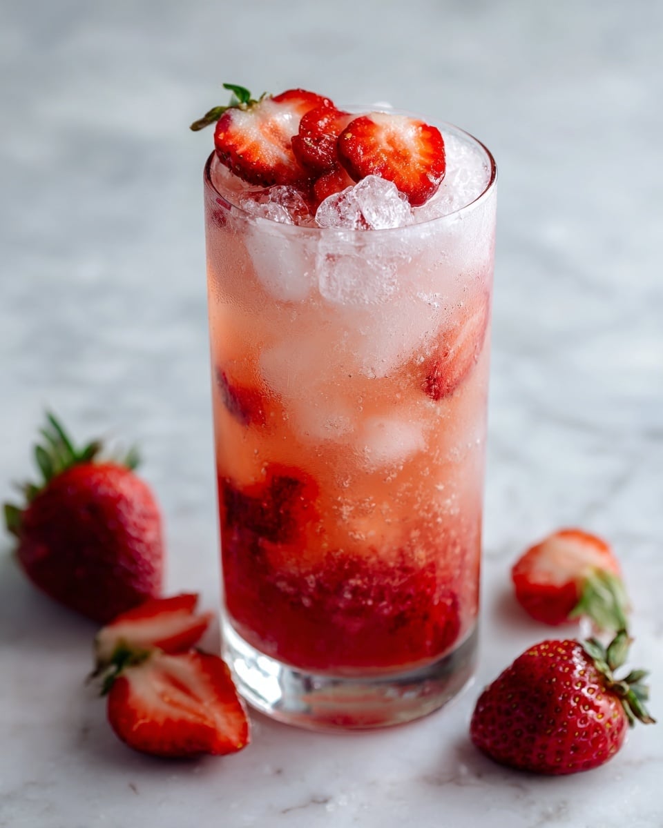 A tall, clear glass filled with a pink and light red layered strawberry drink with visible small pieces of strawberries floating inside, topped with ice cubes and fresh sliced strawberries arranged on top, with whole and sliced strawberries placed around the glass on a white marbled surface photo taken with an iphone --ar 4:5 --v 7