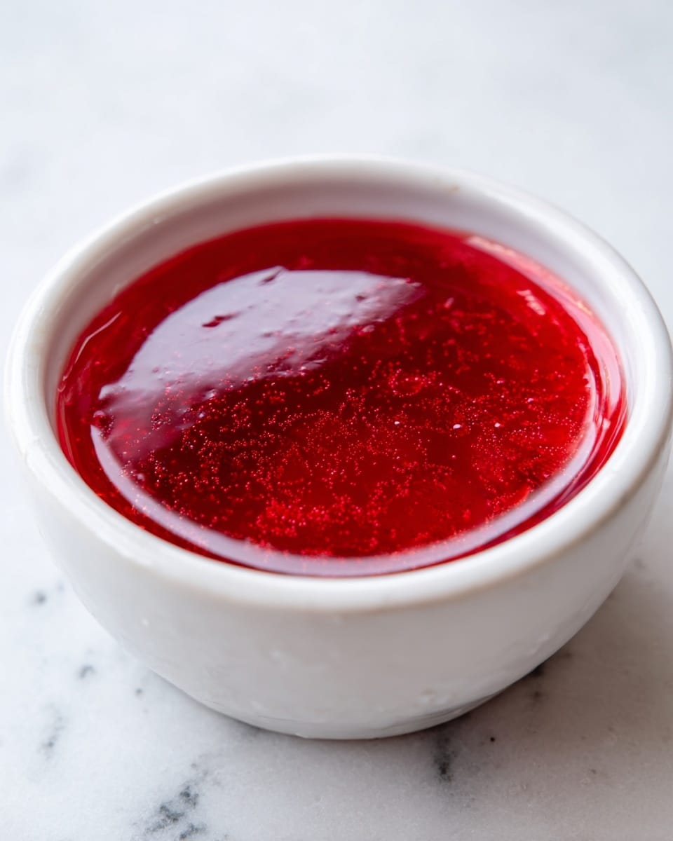 A close-up image of a small white bowl filled with shiny red sauce that looks smooth and slightly thick. The sauce surface reflects light and shows tiny bubbles with a glossy texture, covering the whole bowl evenly. The bowl sits on a white marbled surface. Photo taken with an iphone --ar 4:5 --v 7