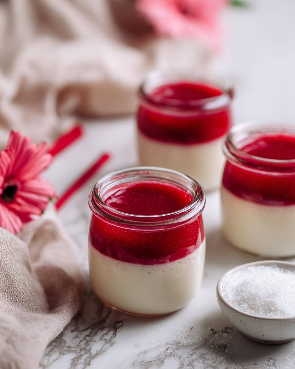 The image shows a small glass jar dessert with three clear layers – a bottom red layer with a smooth texture, a thick middle creamy white layer, and a glossy thick red top layer that looks like fruit puree or sauce. The jars sit on a white marbled surface with a small white bowl filled with white granulated sugar next to them. In the background, there are blurred red sticks and a soft pink flower. Light beige fabric is partially visible on the left side. The photo taken with an iphone --ar 4:5 --v 7
