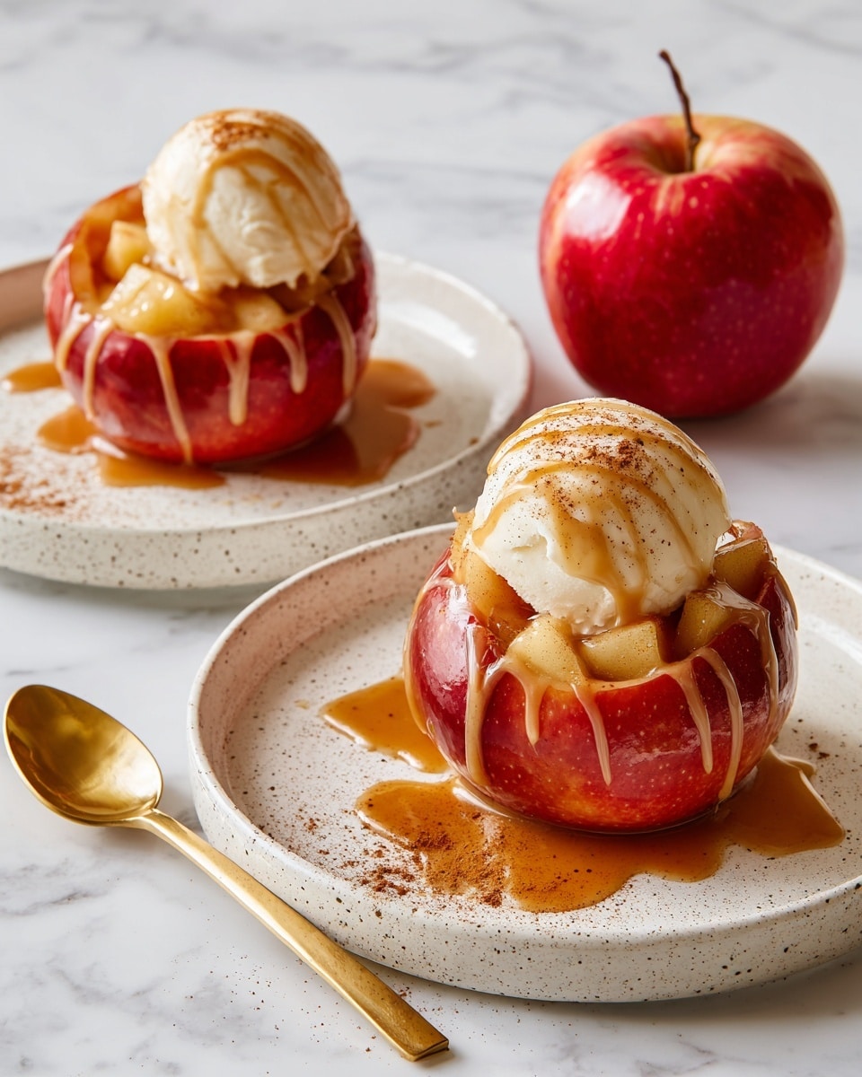 The image shows two baked apples cut into petal shapes with the red skin on the outside, placed on white speckled plates. Inside each apple, there are soft, golden brown cooked apple pieces forming a layer, topped with a scoop of creamy white ice cream. The ice cream is drizzled with caramel sauce and sprinkled with cinnamon powder. A gold spoon rests beside one of the apples on the plate, and there is a fresh whole red apple in the background on a white marbled surface. photo taken with an iphone --ar 4:5 --v 7