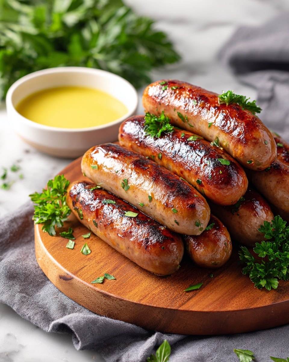 A wooden round board holds a stack of seven grilled sausages with a shiny, dark golden-brown, slightly charred texture and small bits of green herbs sprinkled on top; fresh green parsley is placed around the sausages for decoration. Behind the board, there is a small white bowl filled with a clear yellow sauce. The scene is set on a white marbled texture with a gray cloth under the board, and blurred green leaves in the background. photo taken with an iphone --ar 4:5 --v 7