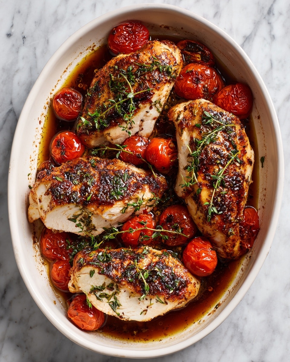 The image shows four pieces of cooked chicken breasts layered in a white oval baking dish. Each chicken piece has a golden brown crust on top with a slightly charred texture, and white tender meat underneath. Around and between the chicken pieces, there are small roasted red cherry tomatoes and dark brown sauce pooling at the bottom. Green fresh herbs, mostly thyme leaves, are sprinkled generously all over the chicken and sauce, adding a fresh touch. The dish rests on a white marbled surface. photo taken with an iphone --ar 4:5 --v 7