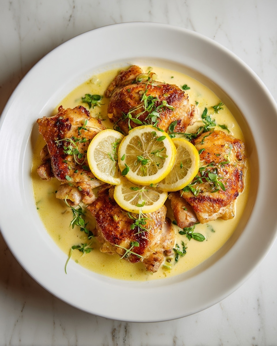 The dish shows four pieces of golden brown cooked chicken with a slightly crispy texture, arranged closely on a white plate. On top, there are three thin lemon slices layered in the middle, bright yellow and translucent, with small fresh green herb leaves scattered over the chicken and sauce. The pieces are sitting in a light yellow creamy sauce that pools around the base. The plate rests on a white marbled textured surface. photo taken with an iphone --ar 4:5 --v 7