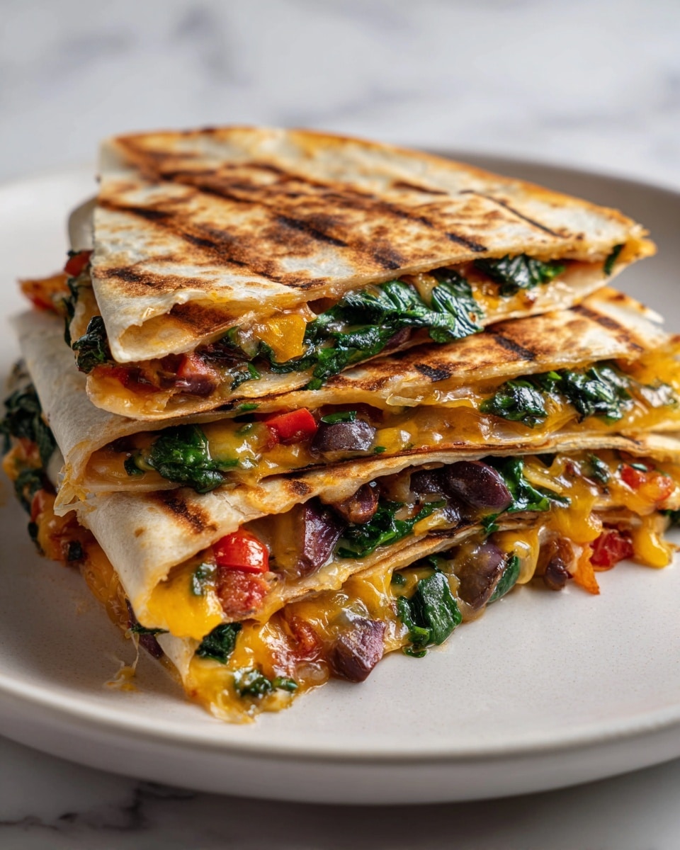 The image shows a quesadilla cut into four triangular pieces stacked on a round white plate. The quesadilla has four thin layers of grilled tortillas with a golden-brown grill mark on top. Between each tortilla layer, there are colorful fillings: melted light yellow cheese, dark green sautéed vegetables like spinach or peppers, and slices of dark purple-black olives mixed with small bits of red tomatoes or sauce. The quesadilla looks warm and gooey, with some cheese stretching from the layers. The plate sits on a white marbled surface. photo taken with an iphone --ar 4:5 --v 7