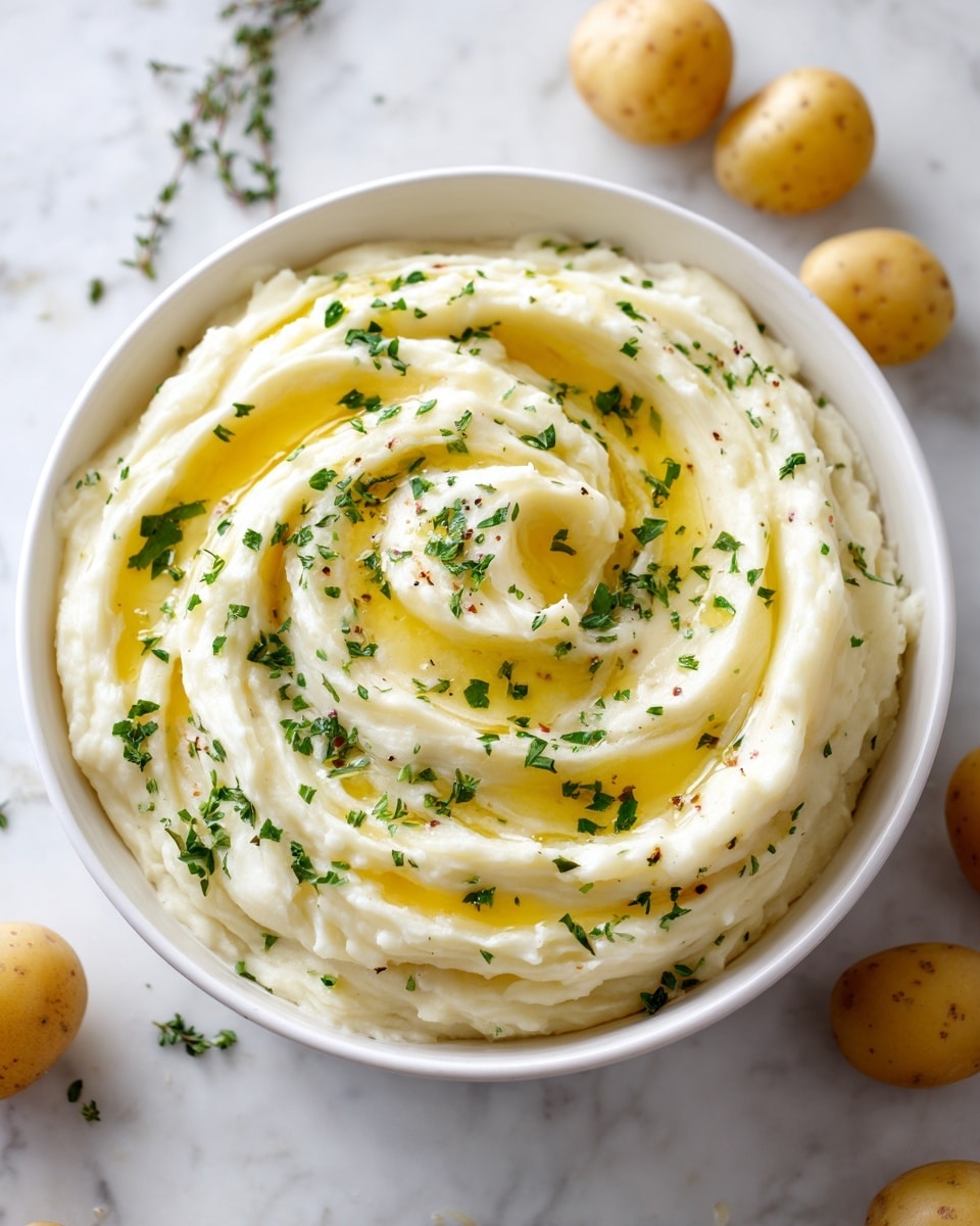 A white bowl filled with creamy mashed potatoes swirled smoothly to create soft ridges and valleys, with melted butter pooled in the center and along the curves, adding a shiny golden-yellow contrast. The mashed potatoes are sprinkled evenly with finely chopped green herbs, giving a fresh touch of color across the light, fluffy texture. The bowl sits on a white marbled surface with a soft focus on whole small yellow potatoes and scattered herbs around, enhancing the natural and fresh feel of the dish. photo taken with an iphone --ar 4:5 --v 7
