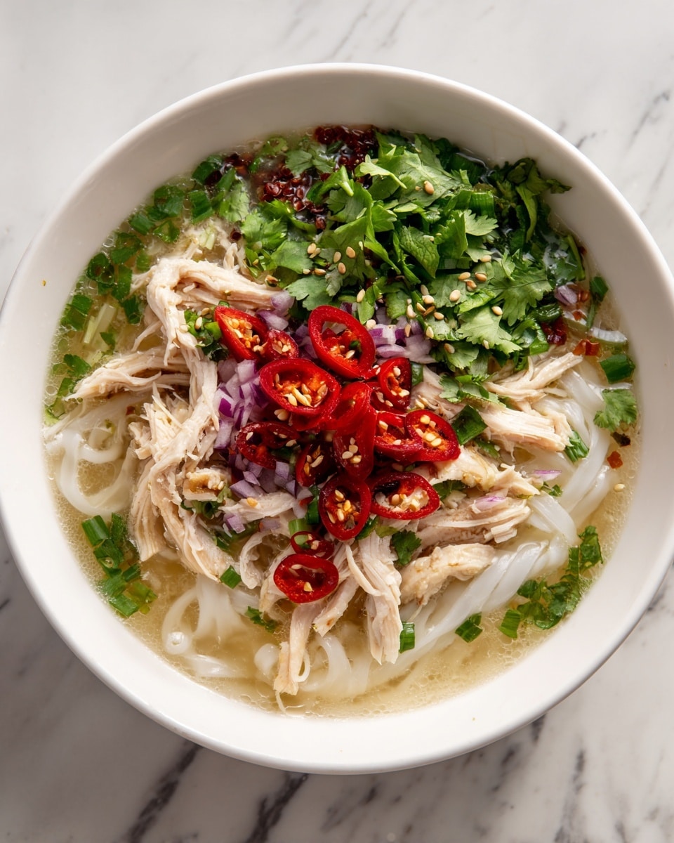 The image shows a bowl of noodle soup with many layers. At the bottom, there are white noodles in clear broth. On top of the noodles, there are shredded pieces of light brown chicken arranged in a circle. Red chili slices with seeds sit in the center on top of the chicken, surrounded by green chopped spring onions and fresh green cilantro leaves. There are also thin slices of purple onion near the chicken. The bowl is white, sitting on a white marbled surface, and the photo was taken with an iphone --ar 4:5 --v 7