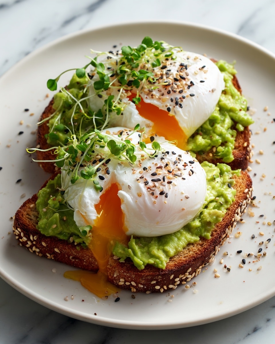 A piece of toasted bread with sesame seeds shows a layer of mashed green avocado spread thickly on top. Two perfectly poached eggs sit on the avocado, each with bright white, smooth surfaces and one cracked open slightly, revealing a rich, runny orange yolk. Small green sprouts and a light dusting of black and white sesame seeds, along with some seasoning, are scattered on the eggs. The dish is on a white plate, placed on a white marbled surface. The photo taken with an iphone --ar 4:5 --v 7